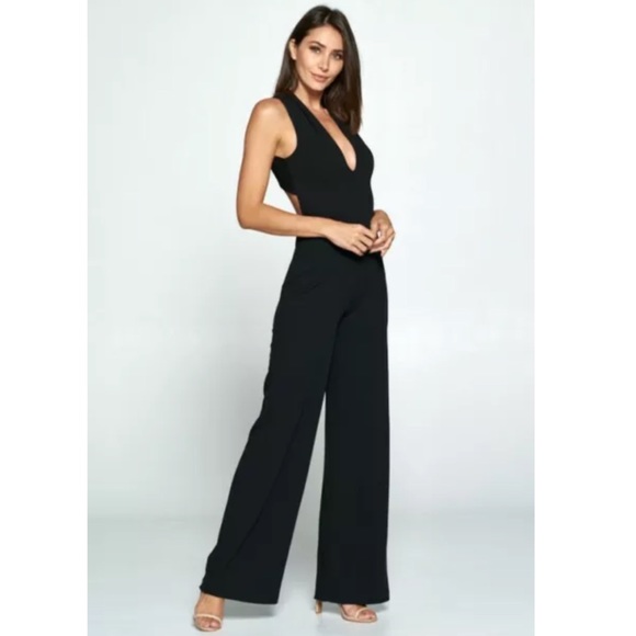 Black Sexy Crepe Open X Back Wide Leg Jumpsuit - Picture 3 of 4